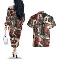 Sacred Heritage Couples Matching Off The Shoulder Long Sleeve Dress and Hawaiian Shirt African Abstract Baobab Tree, Ethnic Symbols, and Red-Black Pattern - Wonder Print Shop