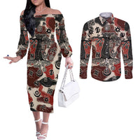 Sacred Heritage Couples Matching Off The Shoulder Long Sleeve Dress and Long Sleeve Button Shirt African Abstract Baobab Tree, Ethnic Symbols, and Red-Black Pattern - Wonder Print Shop