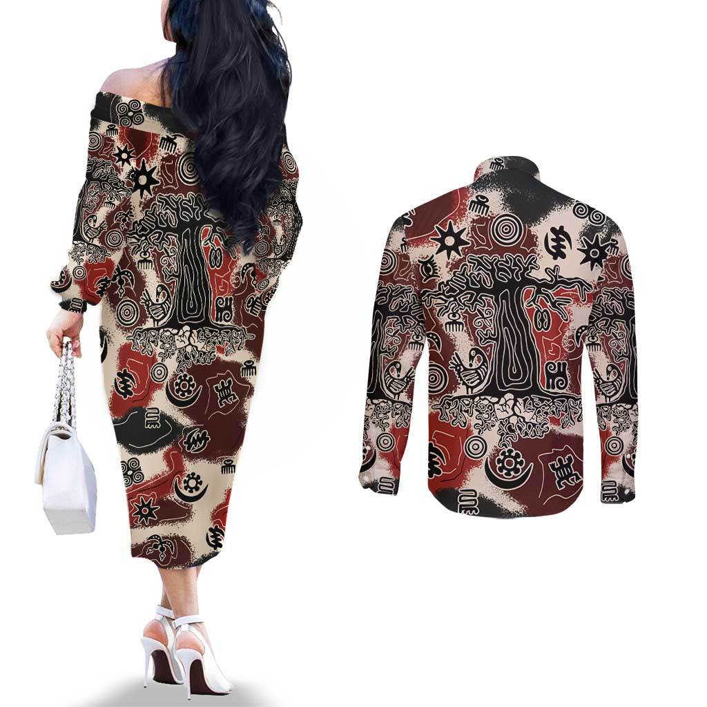 Sacred Heritage Couples Matching Off The Shoulder Long Sleeve Dress and Long Sleeve Button Shirt African Abstract Baobab Tree, Ethnic Symbols, and Red-Black Pattern - Wonder Print Shop