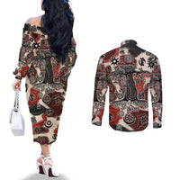 Sacred Heritage Couples Matching Off The Shoulder Long Sleeve Dress and Long Sleeve Button Shirt African Abstract Baobab Tree, Ethnic Symbols, and Red-Black Pattern - Wonder Print Shop