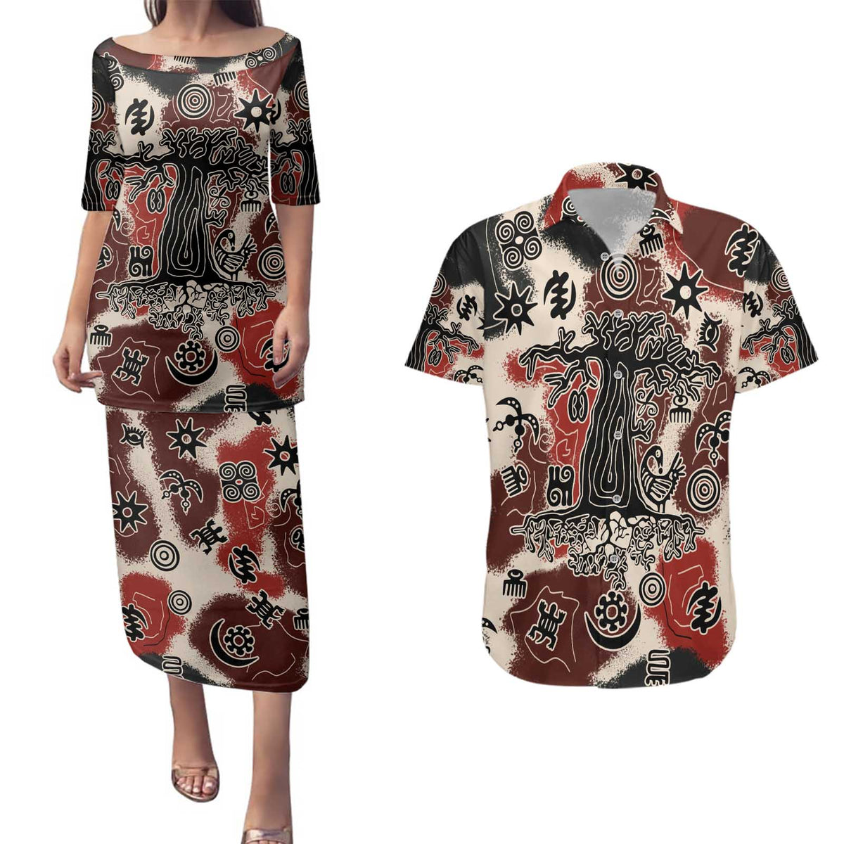 Sacred Heritage Couples Matching Puletasi and Hawaiian Shirt African Abstract Baobab Tree, Ethnic Symbols, and Red-Black Pattern - Wonder Print Shop