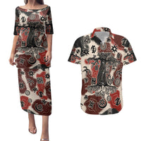 Sacred Heritage Couples Matching Puletasi and Hawaiian Shirt African Abstract Baobab Tree, Ethnic Symbols, and Red-Black Pattern - Wonder Print Shop