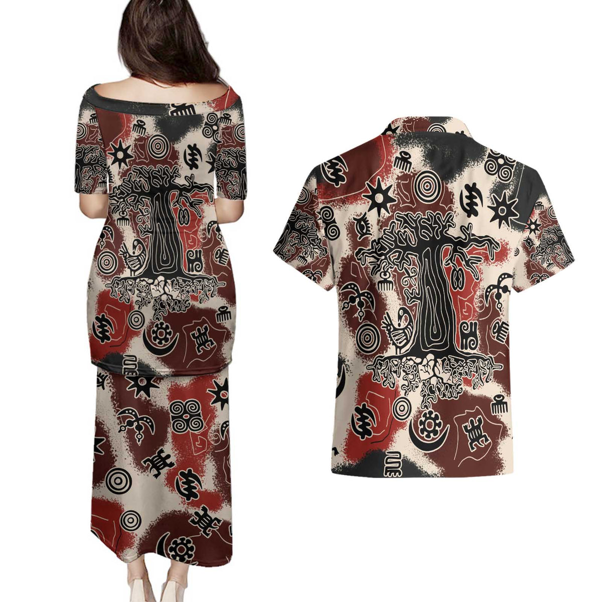 Sacred Heritage Couples Matching Puletasi and Hawaiian Shirt African Abstract Baobab Tree, Ethnic Symbols, and Red-Black Pattern - Wonder Print Shop