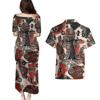 Sacred Heritage Couples Matching Puletasi and Hawaiian Shirt African Abstract Baobab Tree, Ethnic Symbols, and Red-Black Pattern - Wonder Print Shop
