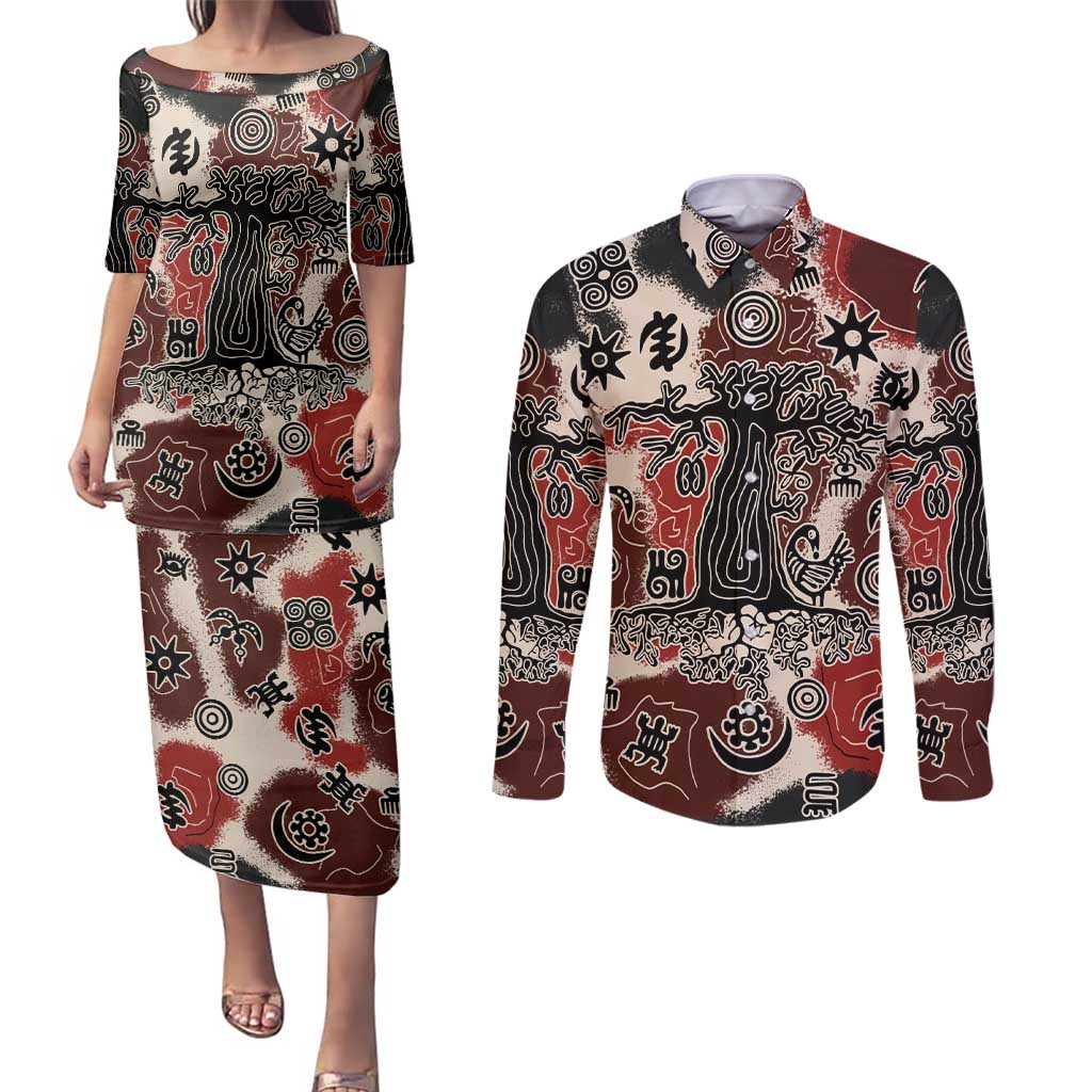 Sacred Heritage Couples Matching Puletasi and Long Sleeve Button Shirt African Abstract Baobab Tree, Ethnic Symbols, and Red-Black Pattern - Wonder Print Shop