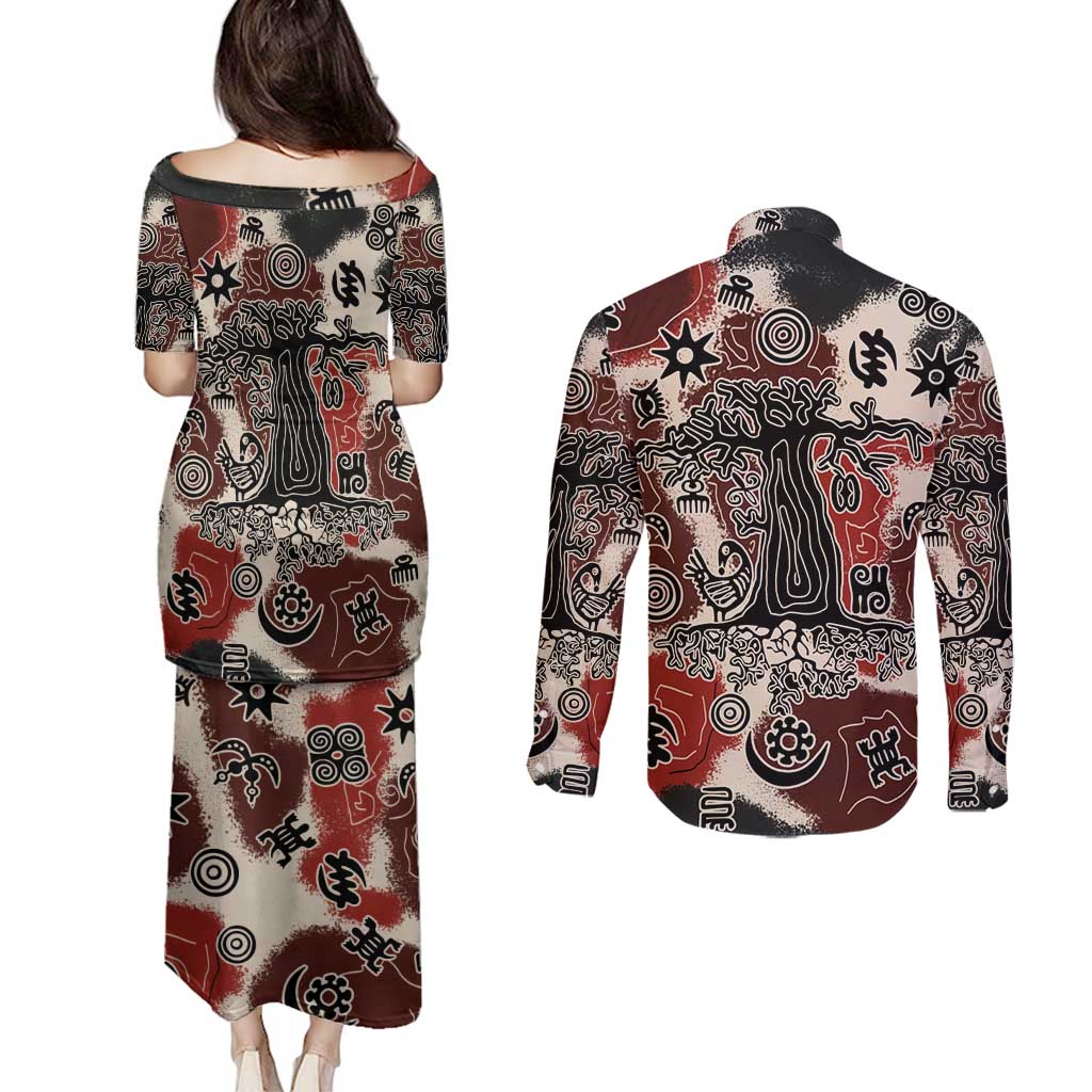 Sacred Heritage Couples Matching Puletasi and Long Sleeve Button Shirt African Abstract Baobab Tree, Ethnic Symbols, and Red-Black Pattern - Wonder Print Shop
