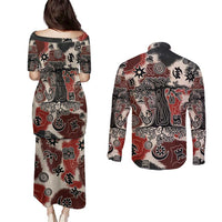 Sacred Heritage Couples Matching Puletasi and Long Sleeve Button Shirt African Abstract Baobab Tree, Ethnic Symbols, and Red-Black Pattern - Wonder Print Shop