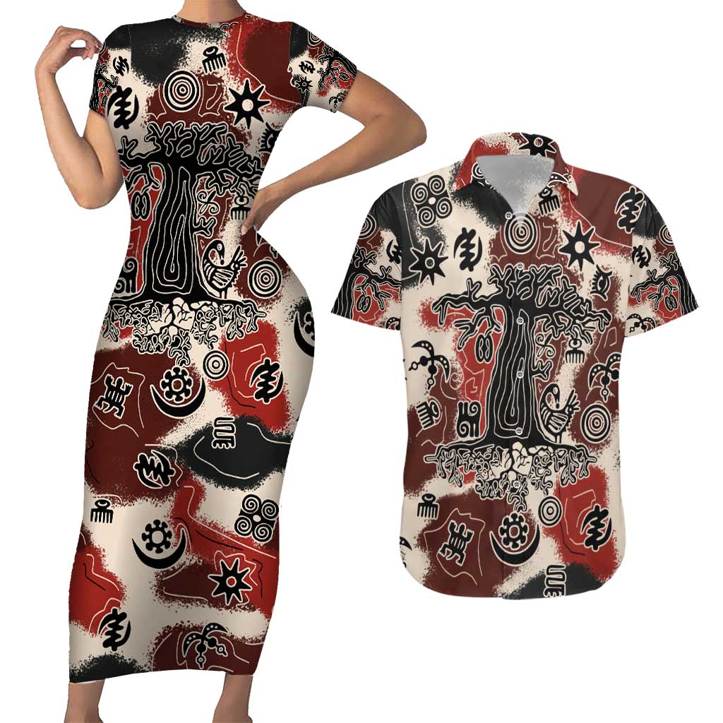 Sacred Heritage Couples Matching Short Sleeve Bodycon Dress and Hawaiian Shirt African Abstract Baobab Tree, Ethnic Symbols, and Red-Black Pattern - Wonder Print Shop