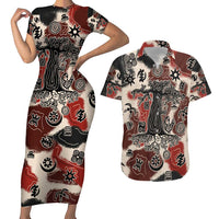 Sacred Heritage Couples Matching Short Sleeve Bodycon Dress and Hawaiian Shirt African Abstract Baobab Tree, Ethnic Symbols, and Red-Black Pattern - Wonder Print Shop
