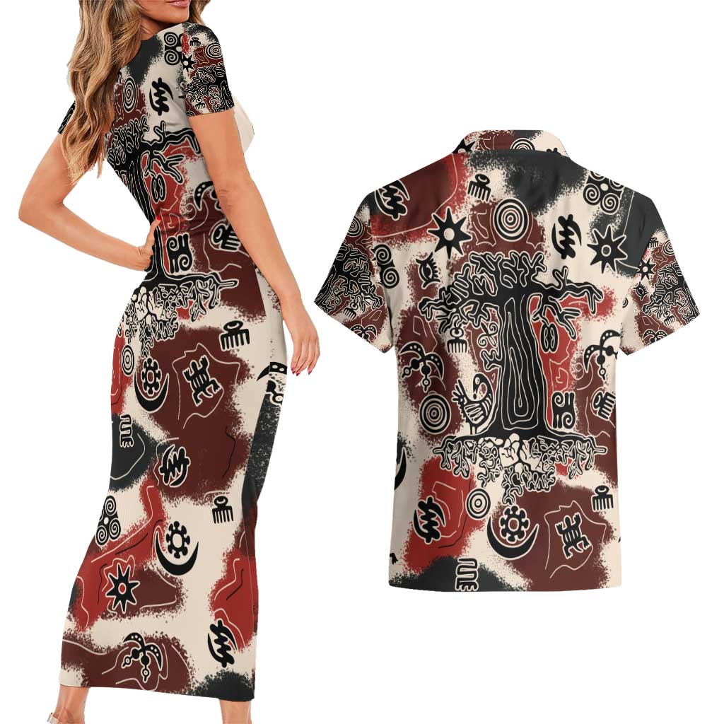 Sacred Heritage Couples Matching Short Sleeve Bodycon Dress and Hawaiian Shirt African Abstract Baobab Tree, Ethnic Symbols, and Red-Black Pattern - Wonder Print Shop