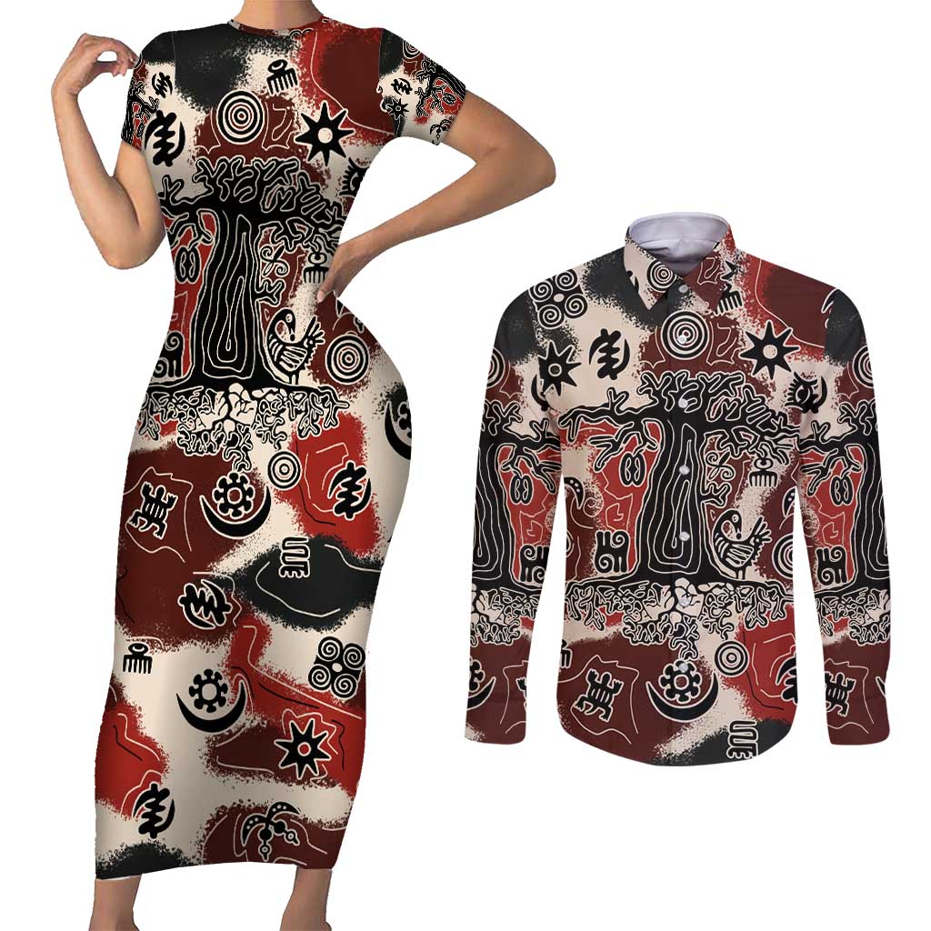 Sacred Heritage Couples Matching Short Sleeve Bodycon Dress and Long Sleeve Button Shirt African Abstract Baobab Tree, Ethnic Symbols, and Red-Black Pattern - Wonder Print Shop