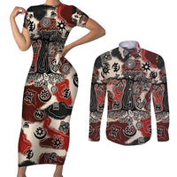 Sacred Heritage Couples Matching Short Sleeve Bodycon Dress and Long Sleeve Button Shirt African Abstract Baobab Tree, Ethnic Symbols, and Red-Black Pattern - Wonder Print Shop