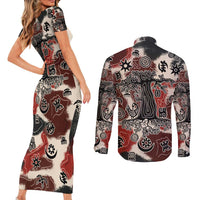 Sacred Heritage Couples Matching Short Sleeve Bodycon Dress and Long Sleeve Button Shirt African Abstract Baobab Tree, Ethnic Symbols, and Red-Black Pattern - Wonder Print Shop