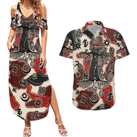 Sacred Heritage Couples Matching Summer Maxi Dress and Hawaiian Shirt African Abstract Baobab Tree, Ethnic Symbols, and Red-Black Pattern - Wonder Print Shop