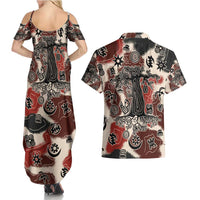 Sacred Heritage Couples Matching Summer Maxi Dress and Hawaiian Shirt African Abstract Baobab Tree, Ethnic Symbols, and Red-Black Pattern - Wonder Print Shop