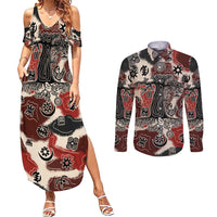 Sacred Heritage Couples Matching Summer Maxi Dress and Long Sleeve Button Shirt African Abstract Baobab Tree, Ethnic Symbols, and Red-Black Pattern - Wonder Print Shop