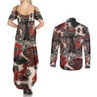 Sacred Heritage Couples Matching Summer Maxi Dress and Long Sleeve Button Shirt African Abstract Baobab Tree, Ethnic Symbols, and Red-Black Pattern - Wonder Print Shop