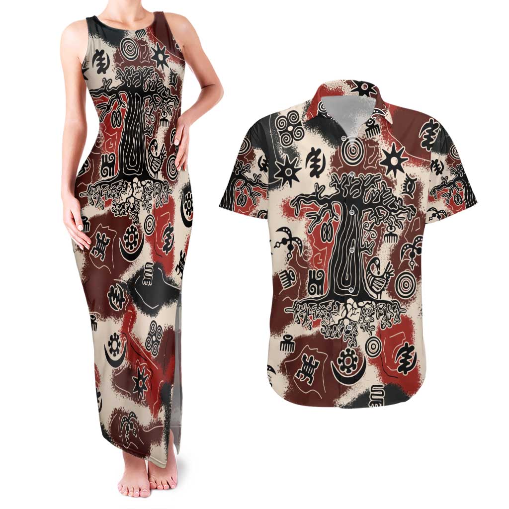 Sacred Heritage Couples Matching Tank Maxi Dress and Hawaiian Shirt African Abstract Baobab Tree, Ethnic Symbols, and Red-Black Pattern - Wonder Print Shop