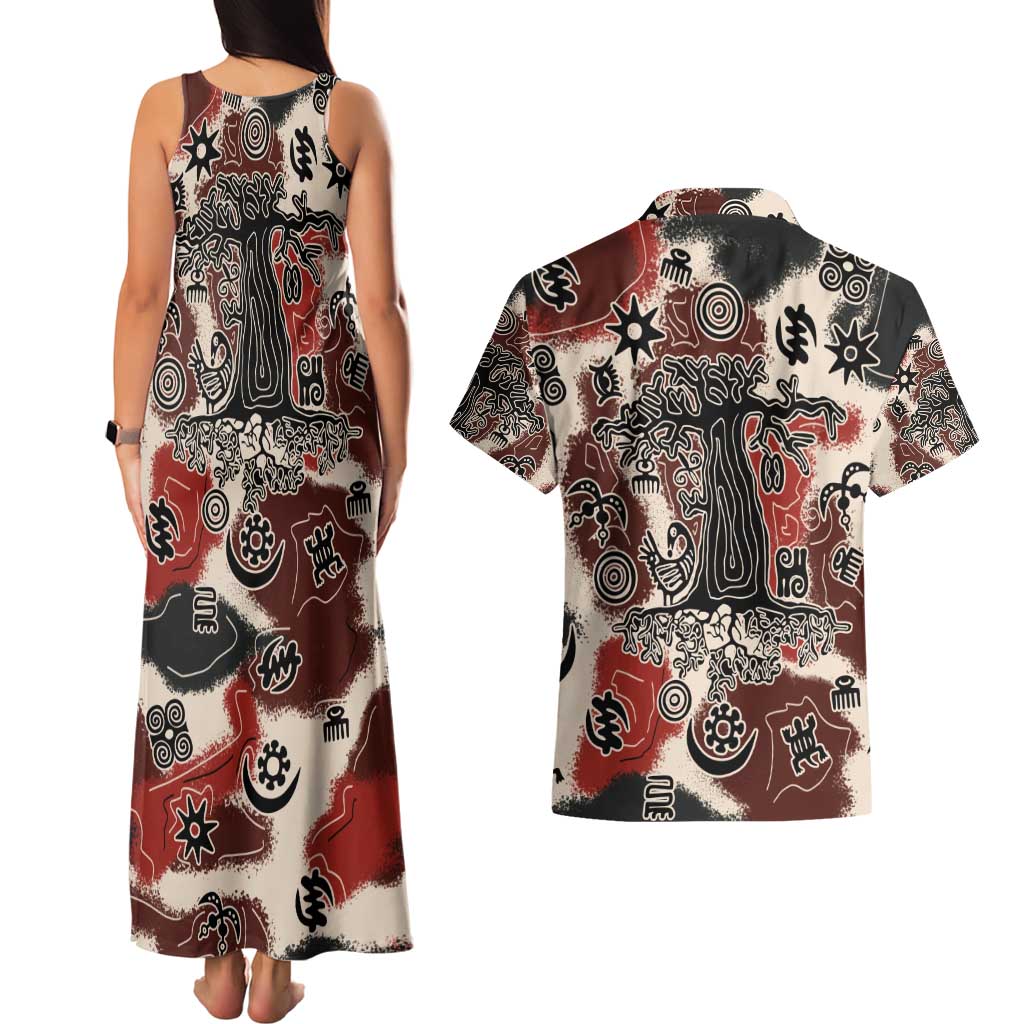 Sacred Heritage Couples Matching Tank Maxi Dress and Hawaiian Shirt African Abstract Baobab Tree, Ethnic Symbols, and Red-Black Pattern - Wonder Print Shop