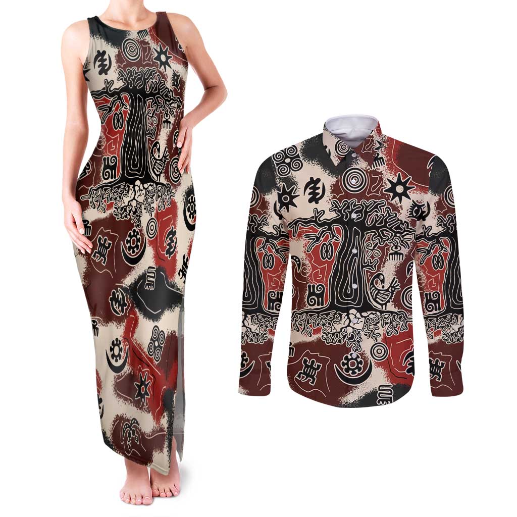 Sacred Heritage Couples Matching Tank Maxi Dress and Long Sleeve Button Shirt African Abstract Baobab Tree, Ethnic Symbols, and Red-Black Pattern - Wonder Print Shop