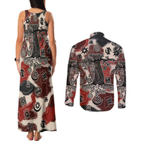 Sacred Heritage Couples Matching Tank Maxi Dress and Long Sleeve Button Shirt African Abstract Baobab Tree, Ethnic Symbols, and Red-Black Pattern - Wonder Print Shop