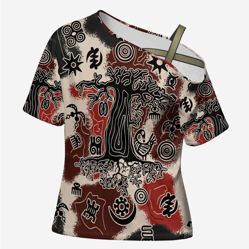 Sacred Heritage Cross Shoulder Shirt African Abstract Baobab Tree, Ethnic Symbols, and Red-Black Pattern - Wonder Print Shop