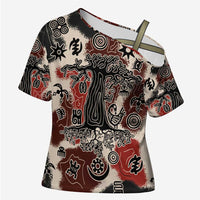 Sacred Heritage Cross Shoulder Shirt African Abstract Baobab Tree, Ethnic Symbols, and Red-Black Pattern - Wonder Print Shop