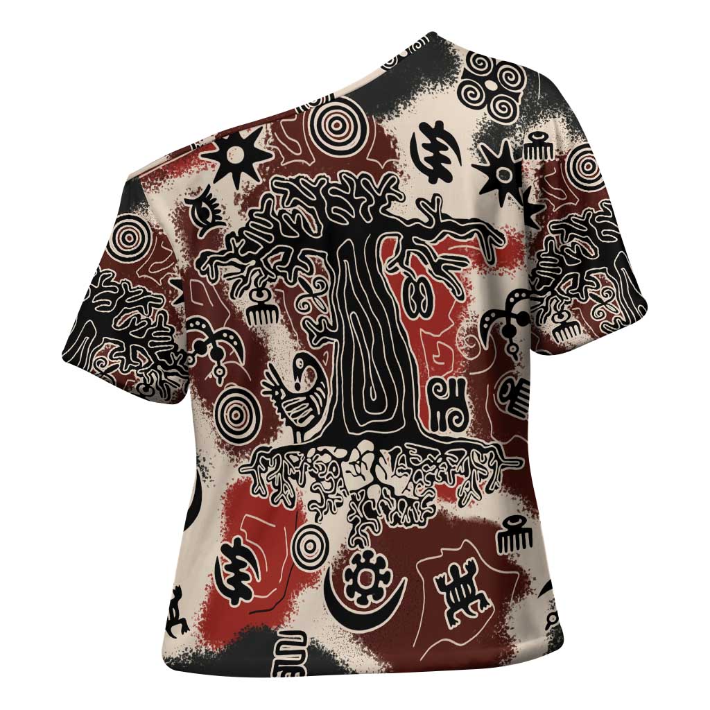 Sacred Heritage Cross Shoulder Shirt African Abstract Baobab Tree, Ethnic Symbols, and Red-Black Pattern - Wonder Print Shop