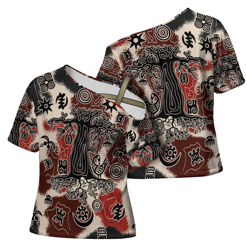 Sacred Heritage Cross Shoulder Shirt African Abstract Baobab Tree, Ethnic Symbols, and Red-Black Pattern - Wonder Print Shop