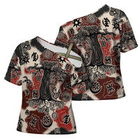 Sacred Heritage Cross Shoulder Shirt African Abstract Baobab Tree, Ethnic Symbols, and Red-Black Pattern - Wonder Print Shop