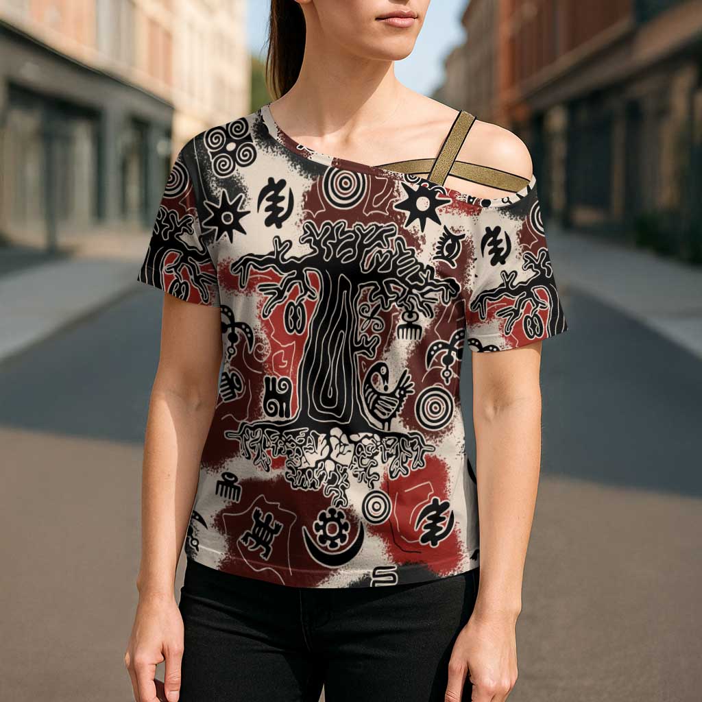 Sacred Heritage Cross Shoulder Shirt African Abstract Baobab Tree, Ethnic Symbols, and Red-Black Pattern - Wonder Print Shop
