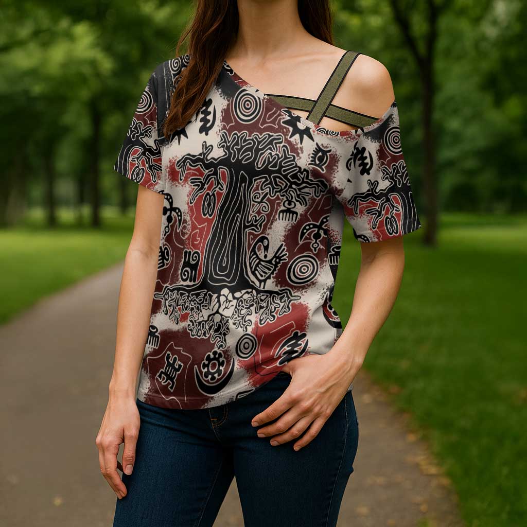 Sacred Heritage Cross Shoulder Shirt African Abstract Baobab Tree, Ethnic Symbols, and Red-Black Pattern - Wonder Print Shop