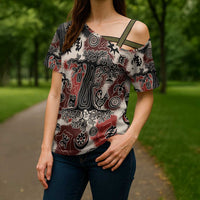 Sacred Heritage Cross Shoulder Shirt African Abstract Baobab Tree, Ethnic Symbols, and Red-Black Pattern - Wonder Print Shop