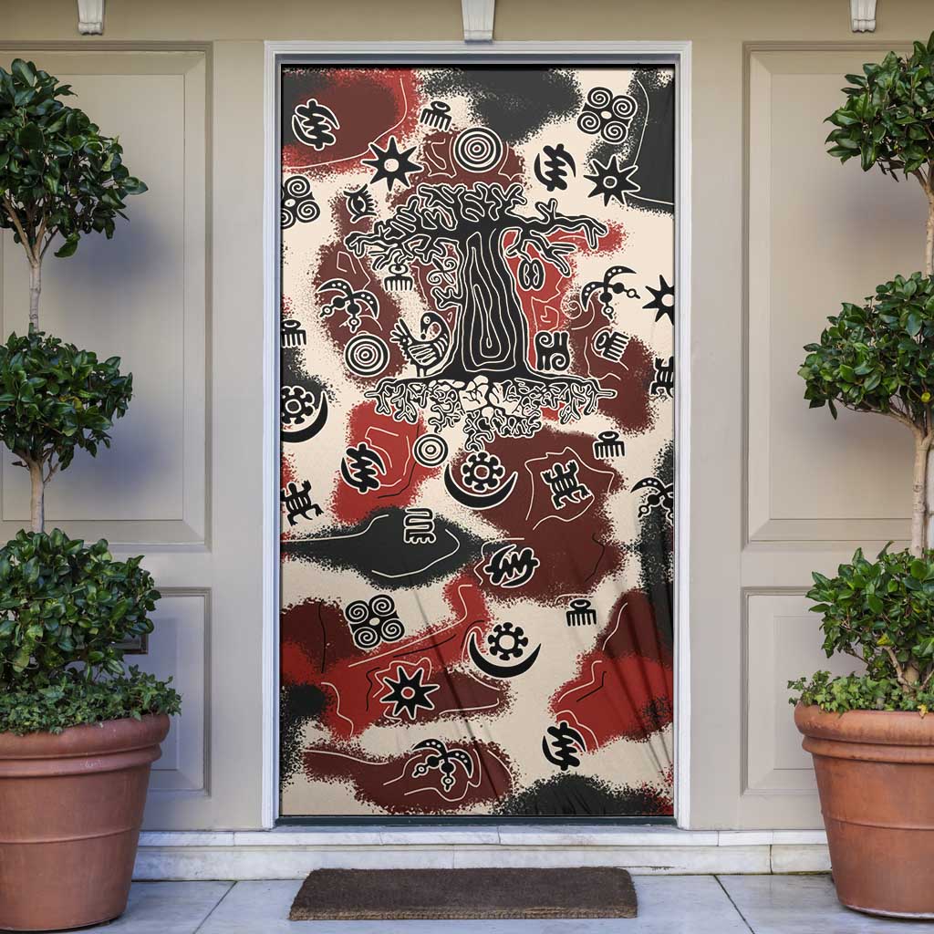 Sacred Heritage Door Cover African Abstract Baobab Tree, Ethnic Symbols, and Red-Black Pattern - Wonder Print Shop