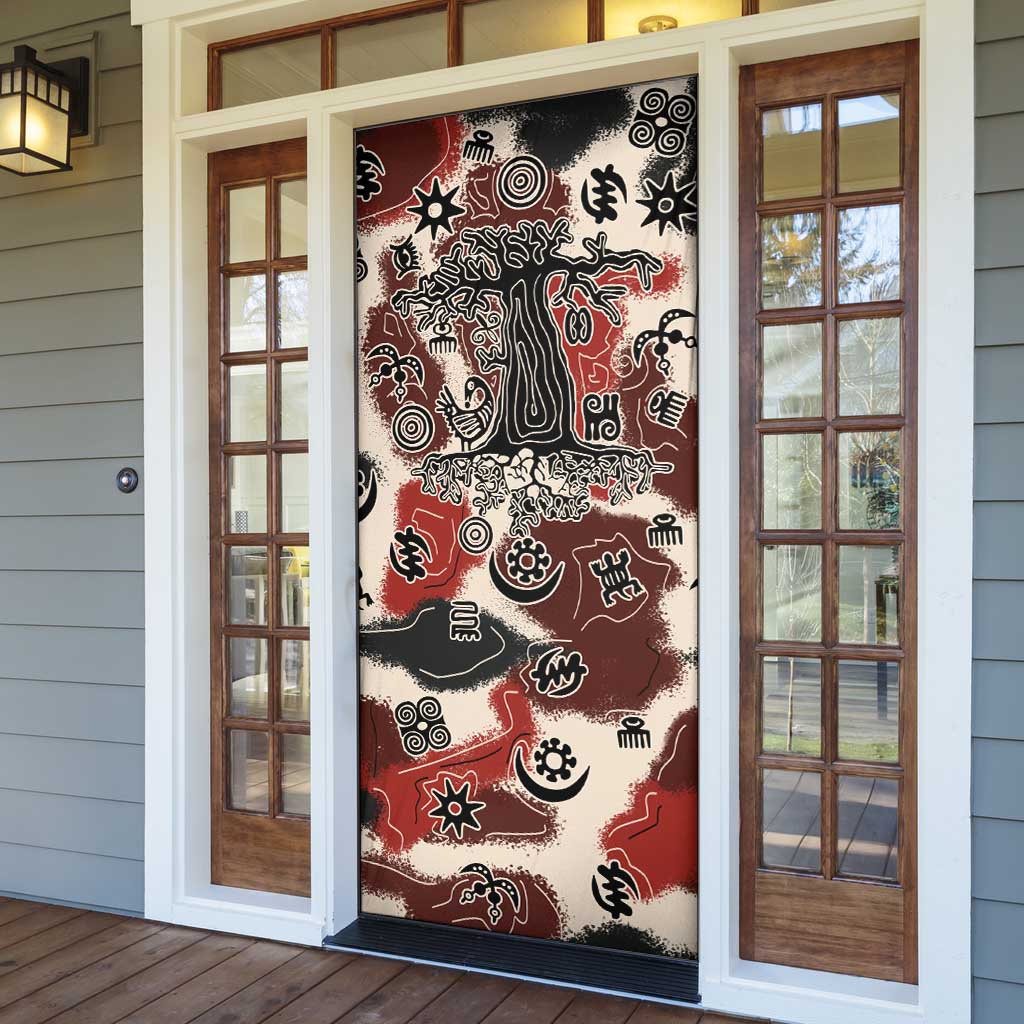 Sacred Heritage Door Cover African Abstract Baobab Tree, Ethnic Symbols, and Red-Black Pattern - Wonder Print Shop