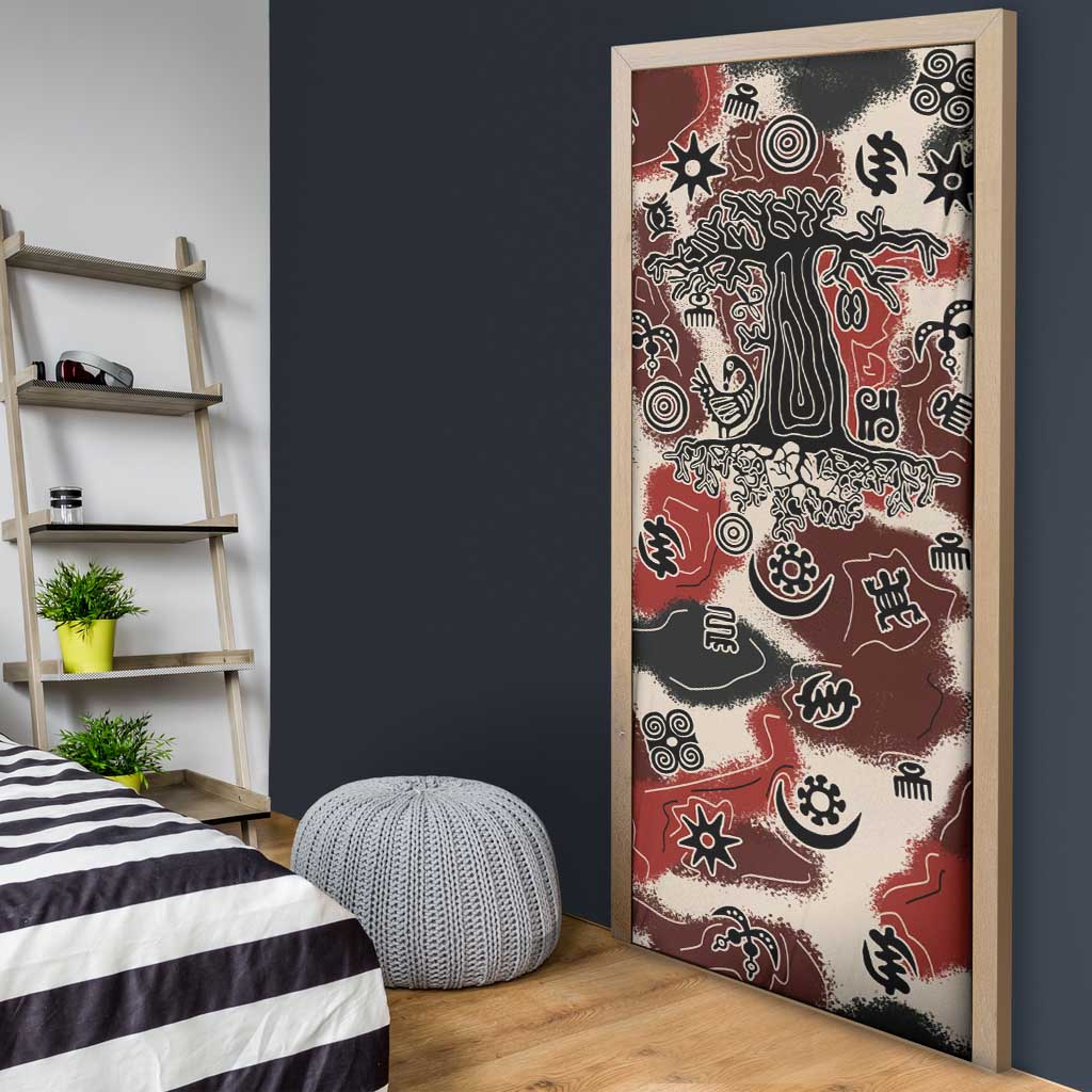 Sacred Heritage Door Cover African Abstract Baobab Tree, Ethnic Symbols, and Red-Black Pattern - Wonder Print Shop