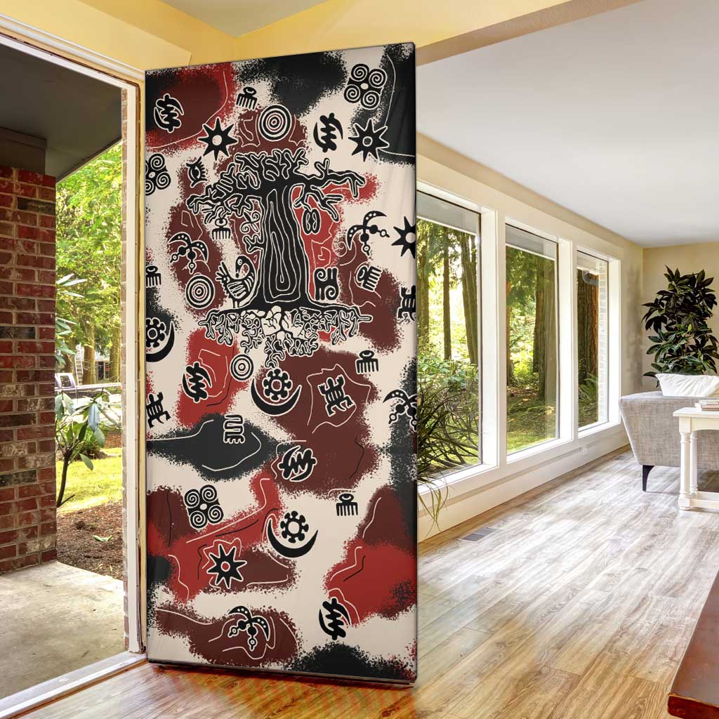 Sacred Heritage Door Cover African Abstract Baobab Tree, Ethnic Symbols, and Red-Black Pattern - Wonder Print Shop