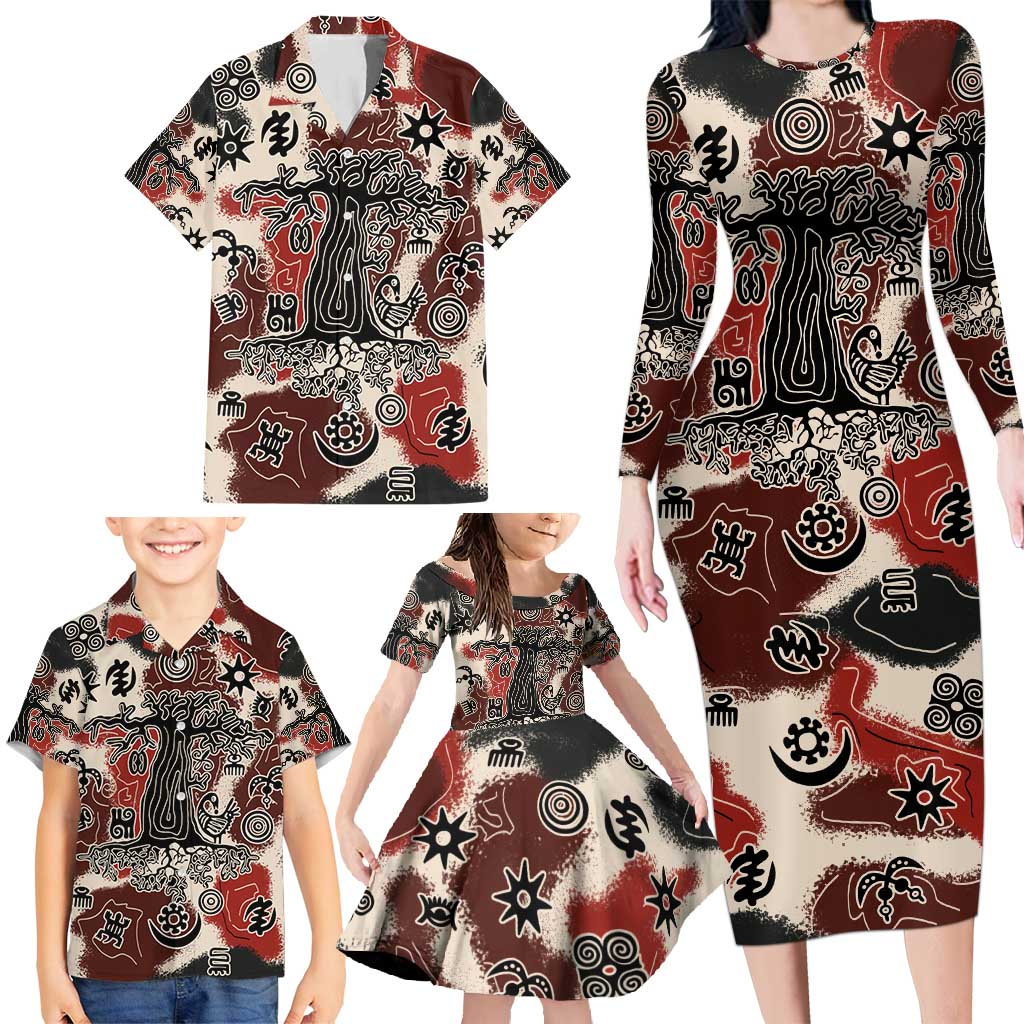 Sacred Heritage Family Matching Long Sleeve Bodycon Dress and Hawaiian Shirt African Abstract Baobab Tree, Ethnic Symbols, and Red-Black Pattern - Wonder Print Shop