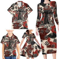 Sacred Heritage Family Matching Long Sleeve Bodycon Dress and Hawaiian Shirt African Abstract Baobab Tree, Ethnic Symbols, and Red-Black Pattern - Wonder Print Shop