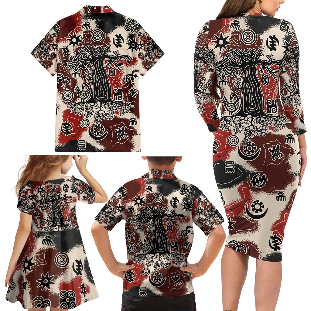 Sacred Heritage Family Matching Long Sleeve Bodycon Dress and Hawaiian Shirt African Abstract Baobab Tree, Ethnic Symbols, and Red-Black Pattern - Wonder Print Shop