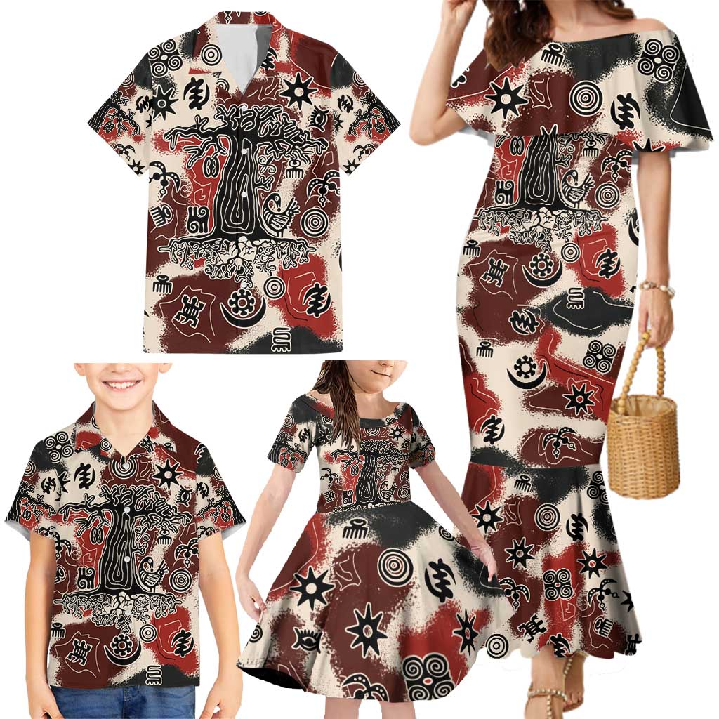 Sacred Heritage Family Matching Mermaid Dress and Hawaiian Shirt African Abstract Baobab Tree, Ethnic Symbols, and Red-Black Pattern - Wonder Print Shop