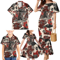 Sacred Heritage Family Matching Mermaid Dress and Hawaiian Shirt African Abstract Baobab Tree, Ethnic Symbols, and Red-Black Pattern - Wonder Print Shop