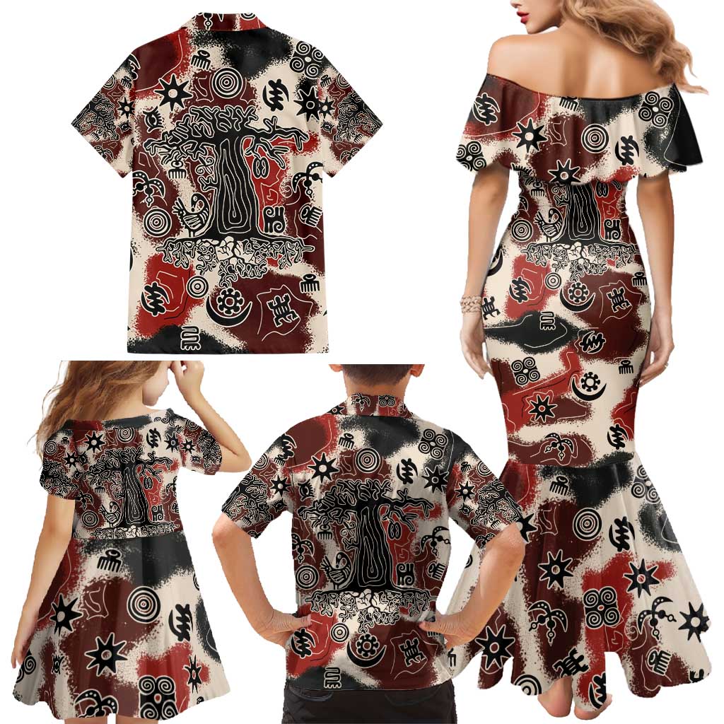 Sacred Heritage Family Matching Mermaid Dress and Hawaiian Shirt African Abstract Baobab Tree, Ethnic Symbols, and Red-Black Pattern - Wonder Print Shop