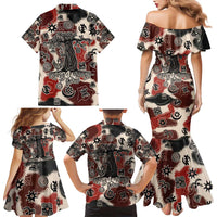 Sacred Heritage Family Matching Mermaid Dress and Hawaiian Shirt African Abstract Baobab Tree, Ethnic Symbols, and Red-Black Pattern - Wonder Print Shop
