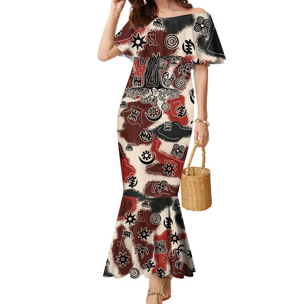 Sacred Heritage Family Matching Mermaid Dress and Hawaiian Shirt African Abstract Baobab Tree, Ethnic Symbols, and Red-Black Pattern - Wonder Print Shop