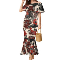 Sacred Heritage Family Matching Mermaid Dress and Hawaiian Shirt African Abstract Baobab Tree, Ethnic Symbols, and Red-Black Pattern - Wonder Print Shop
