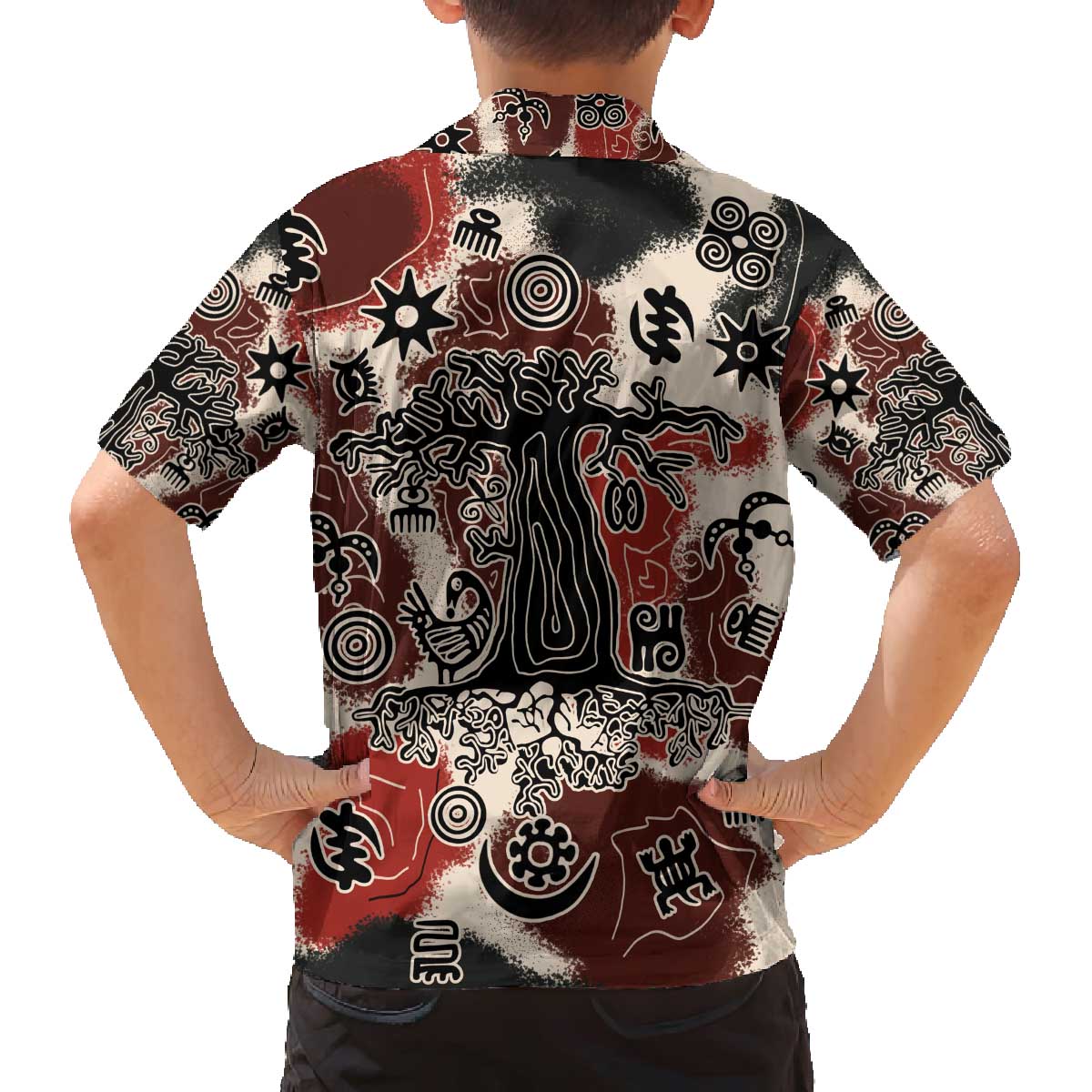 Sacred Heritage Family Matching Off The Shoulder Long Sleeve Dress and Hawaiian Shirt African Abstract Baobab Tree, Ethnic Symbols, and Red-Black Pattern - Wonder Print Shop
