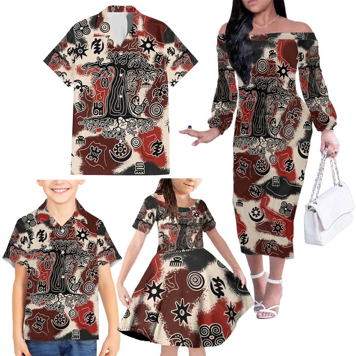 Sacred Heritage Family Matching Off The Shoulder Long Sleeve Dress and Hawaiian Shirt African Abstract Baobab Tree, Ethnic Symbols, and Red-Black Pattern - Wonder Print Shop