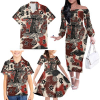 Sacred Heritage Family Matching Off The Shoulder Long Sleeve Dress and Hawaiian Shirt African Abstract Baobab Tree, Ethnic Symbols, and Red-Black Pattern - Wonder Print Shop