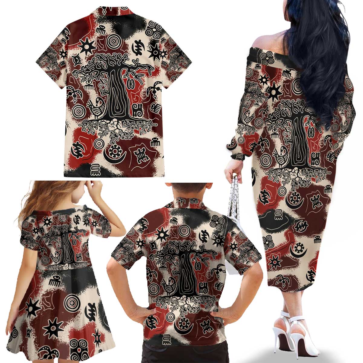 Sacred Heritage Family Matching Off The Shoulder Long Sleeve Dress and Hawaiian Shirt African Abstract Baobab Tree, Ethnic Symbols, and Red-Black Pattern - Wonder Print Shop